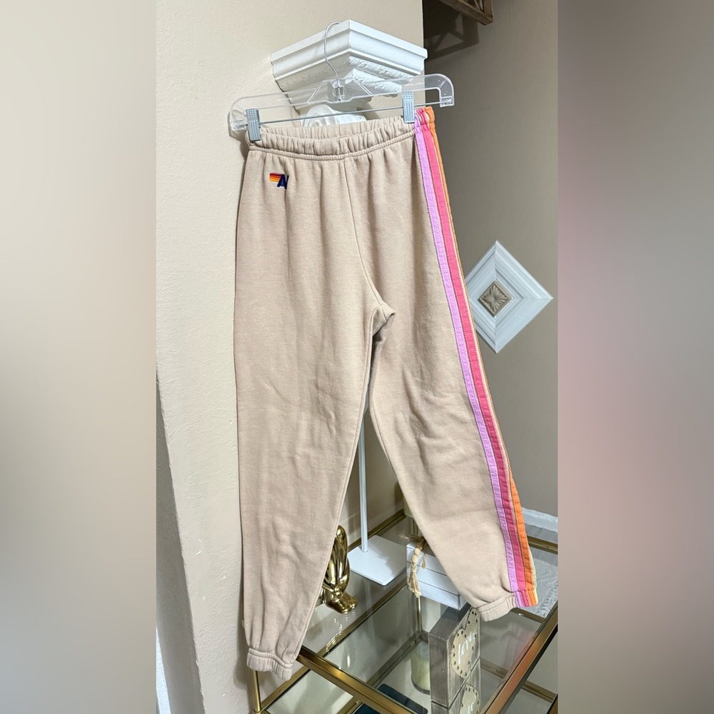 Aviator Nation girls Tan Joggers with Rainbow Stripes